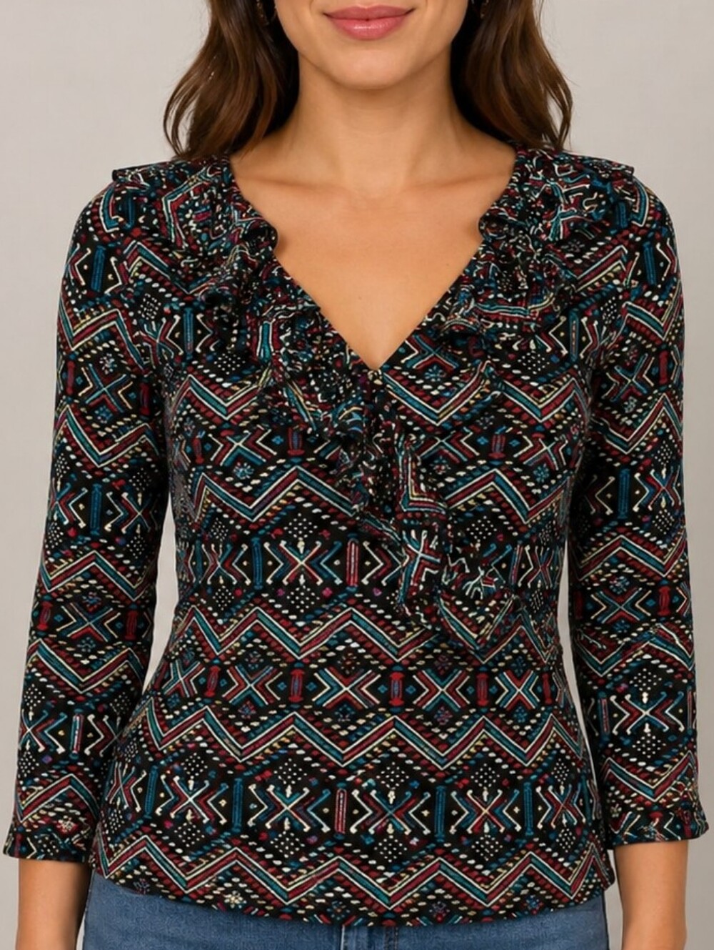 Chaps Geometric Ruffle V-Neck Top ✨ Size S